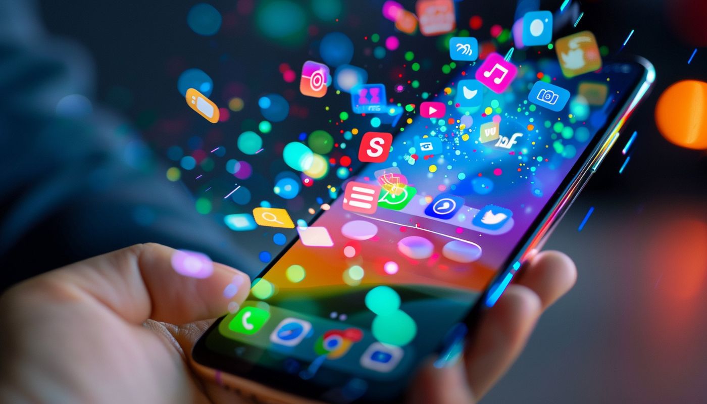 Smartphone d’où jaillissent des icônes d’applications