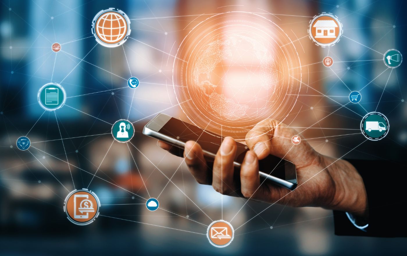 Smartphone entouré d’icônes de services connectés